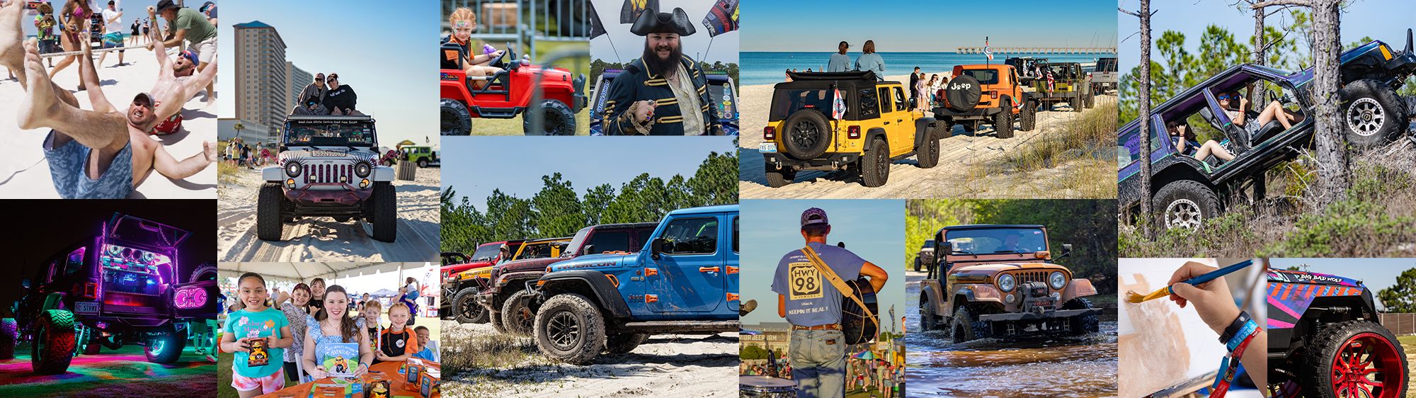 Collage showing an off‑roading event with friends, sand dunes, and colorful Jeeps on beaches and trails.