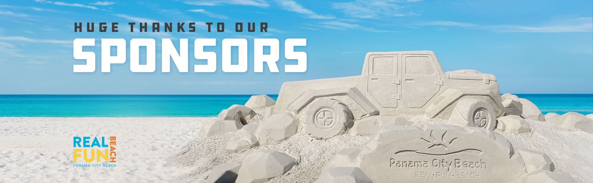 Hero banner on a sunny beach showing a large sand jeep sculpture, bold 'HUGE THANKS TO OUR SPONSORS' text, and the Real Fun Beach logo at the bottom left.