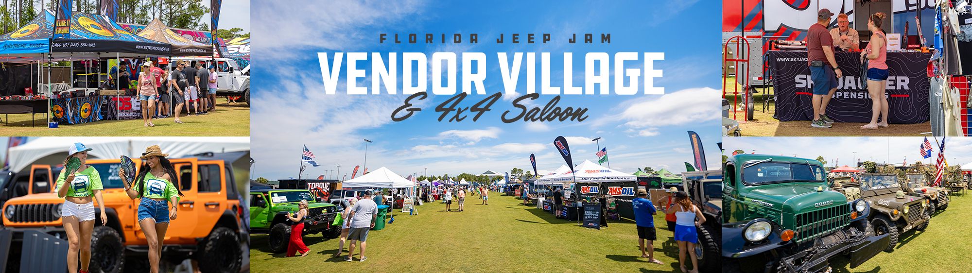 Banner collage showing a Florida Jeep Jam Vendor Village with numerous vendor tents, cars, and people at an outdoor show; central text reads 'Vendor Village & Auto Saloon' against a blue sky.